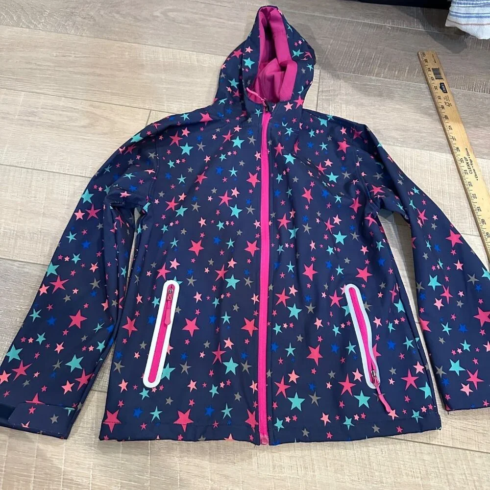 JINGLE BONGALA GIRLS HOODED RAIN JACKET 140 US SIZE 10 NAVY BLUE STARS